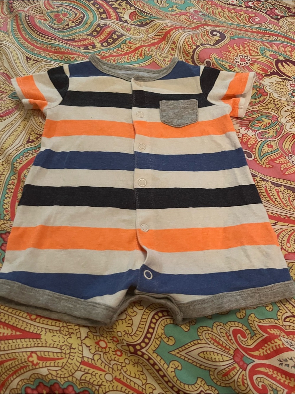 Striped Short-Sleeve One-Piece Bodysuit in Orange, Navy & Gray